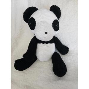 Homemade Crochet Knitted Panda Bear Plush Stuffed Toy Sitting White & Black 14"